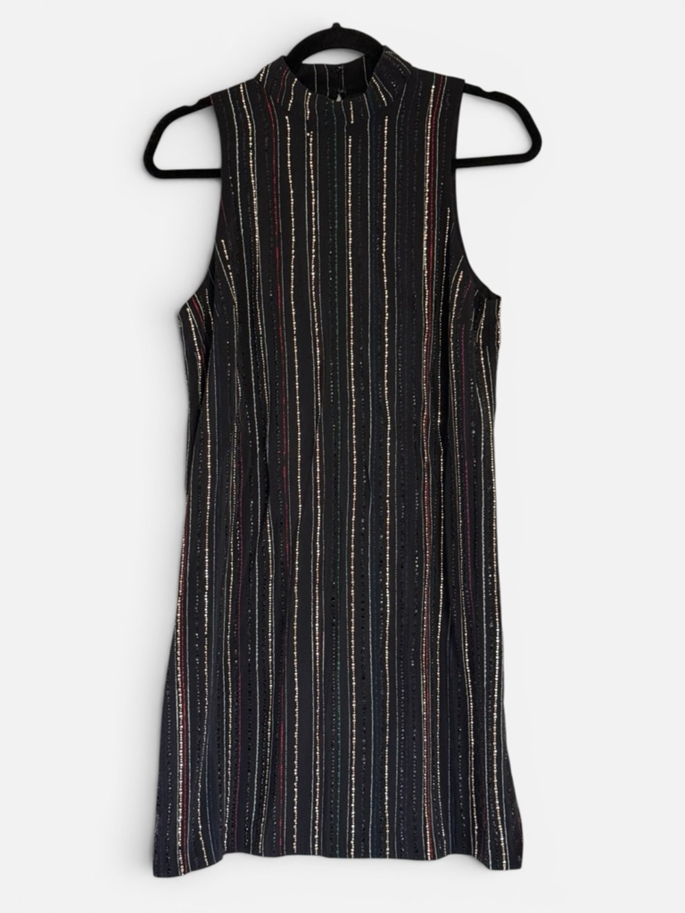 Trina Turk Silk Sleeveless Black Beaded Mock Neck Mini Dress